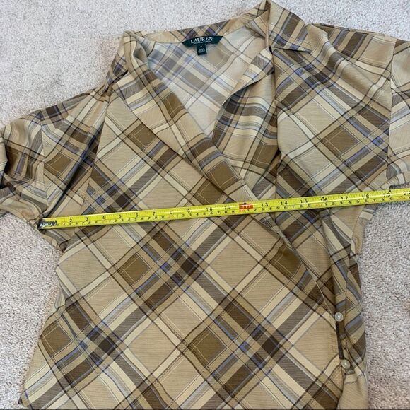 LAUREN Ralph Lauren tan brown plaid check wrap blouse Sz S - Picture 11 of 12